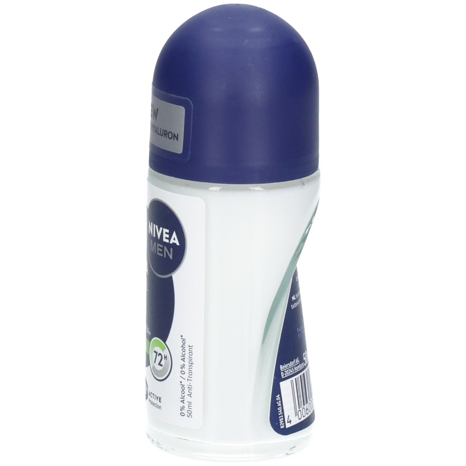 Déodorant roll-on, flacon blanc avec bouchon bleu. Inscriptions: NIVEA MEN, 0% Alcool, 50ml. 72h Active Protection.