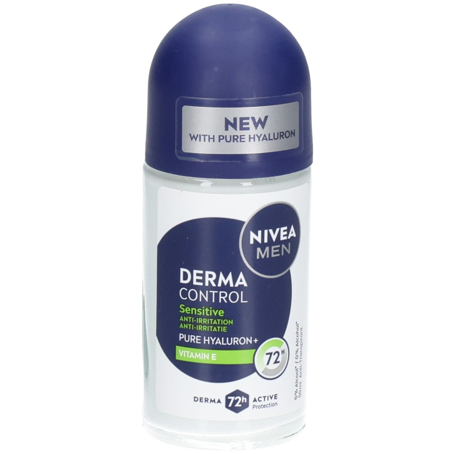 Déodorant roll-on avec bouchon bleu. Inscriptions: NIVEA MEN, Derma Control Sensitive, Pure Hyaluron+, Vitamine E. 72h Active Protection.