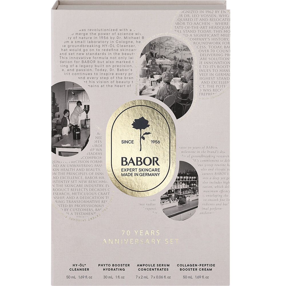 Coffret cadeau ouvert avec produits. Contient flacons, ampoules et crème. Marque BABOR.