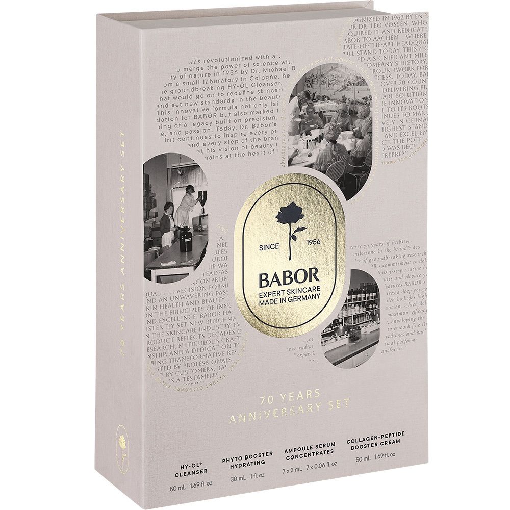Coffret cadeau ouvert avec produits. Contient flacons, ampoules et crème. Marque BABOR.