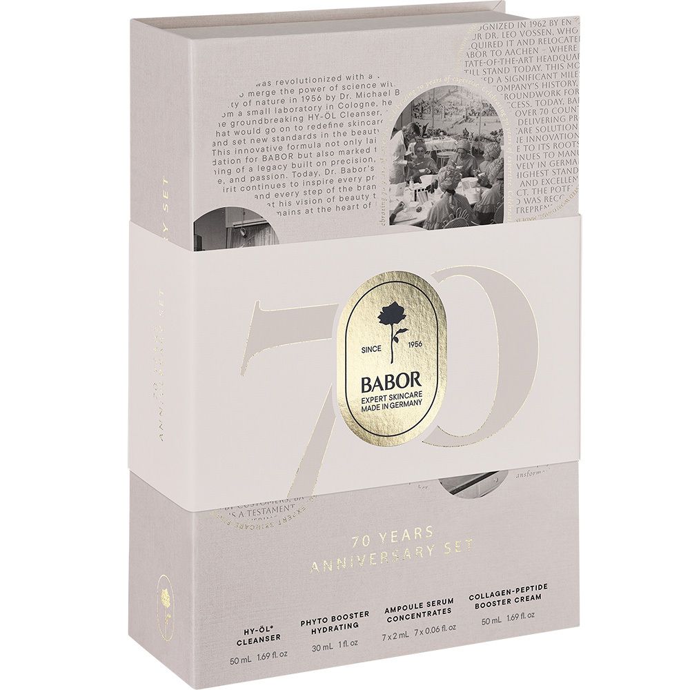 Coffret cadeau ouvert avec produits. Contient flacons, ampoules et crème. Marque BABOR.