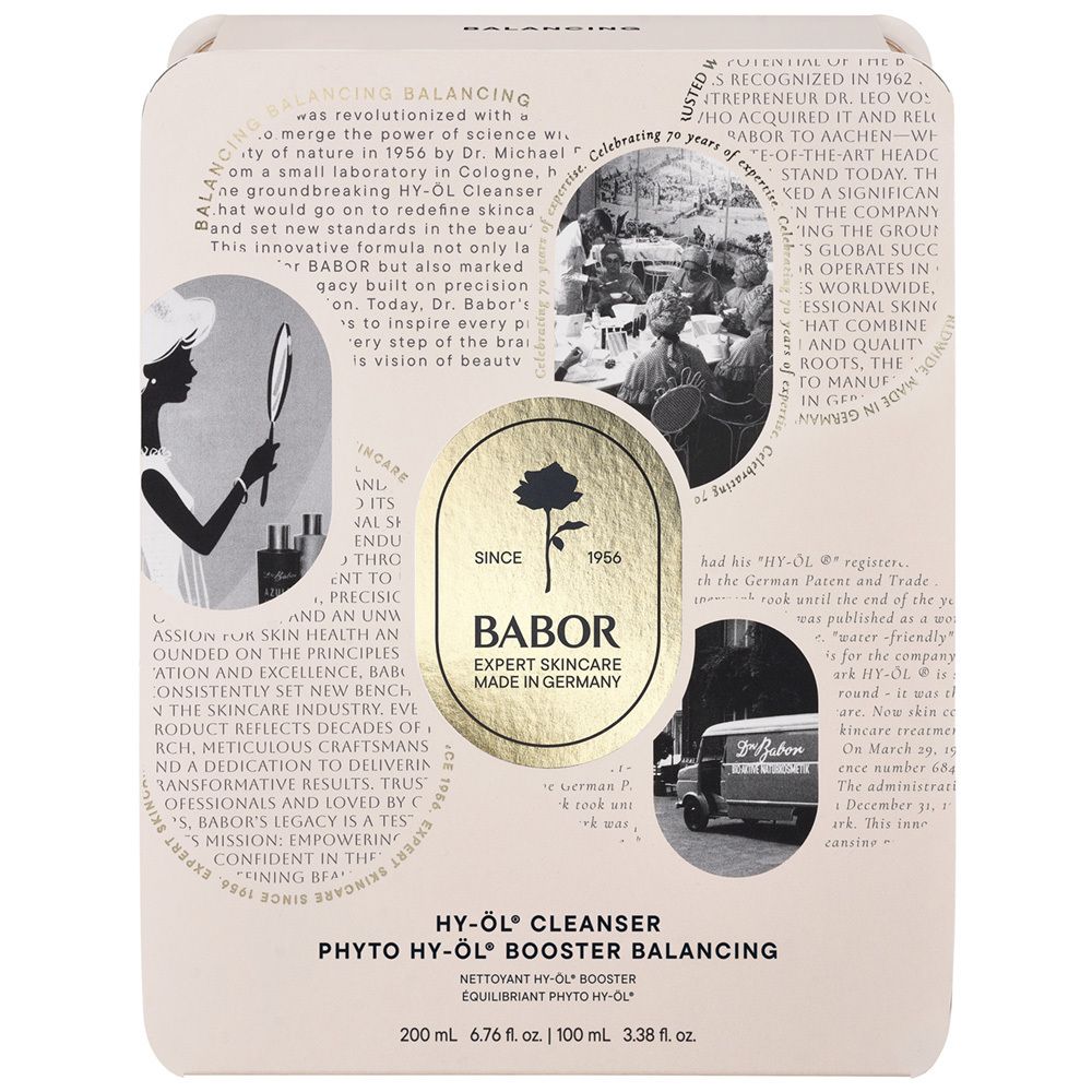 Face avant de la boîte métallique. Logo rose et texte BABOR. Texte : HY-ÖL® Cleanser, Phyto HY-ÖL® Booster Balancing.
