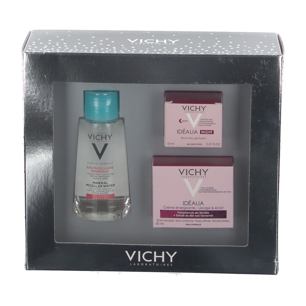 Coffret cadeau Vichy avec eau micellaire, baume de nuit et soin de jour. Boîte argentée avec fenêtre transparente.