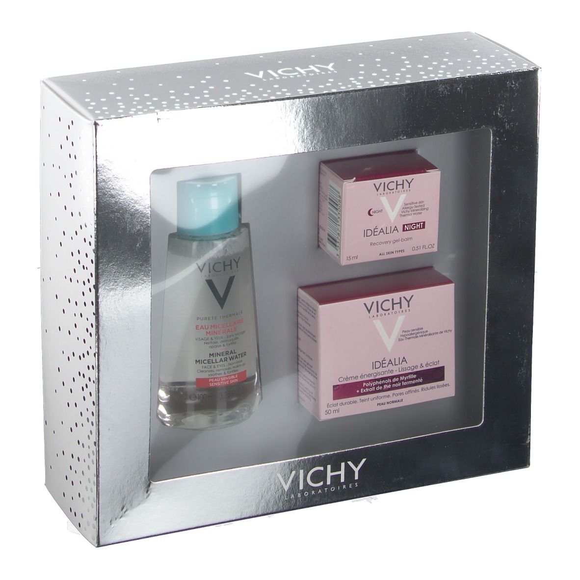 Coffret cadeau Vichy avec eau micellaire, baume nuit et soin jour. Emballage avec fenêtre transparente.