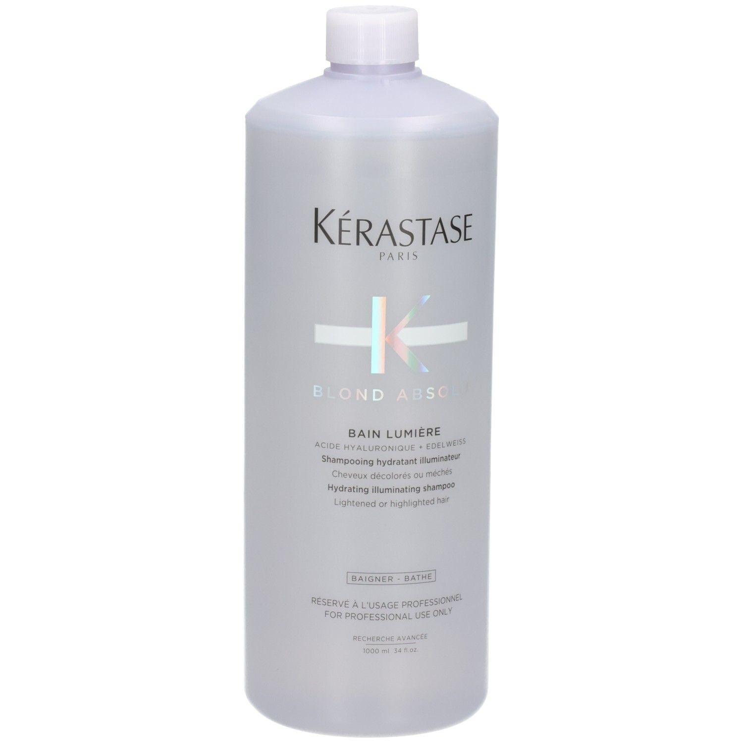 Bouteille de shampooing Kérastase Blond Absolu Bain Lumière transparente avec bouchon blanc. 1000 ml.