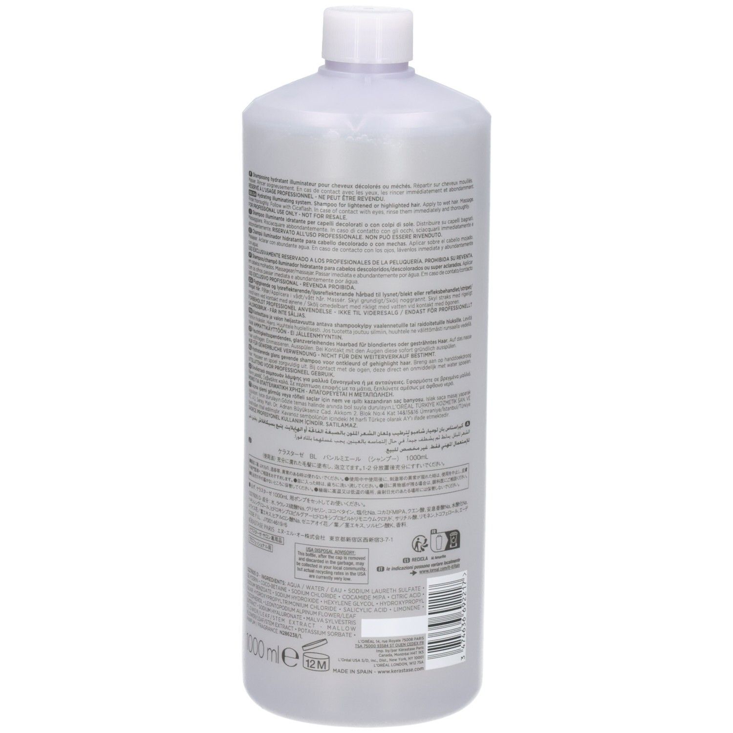 Grande bouteille transparente avec bouchon blanc, dos avec texte et code-barres.