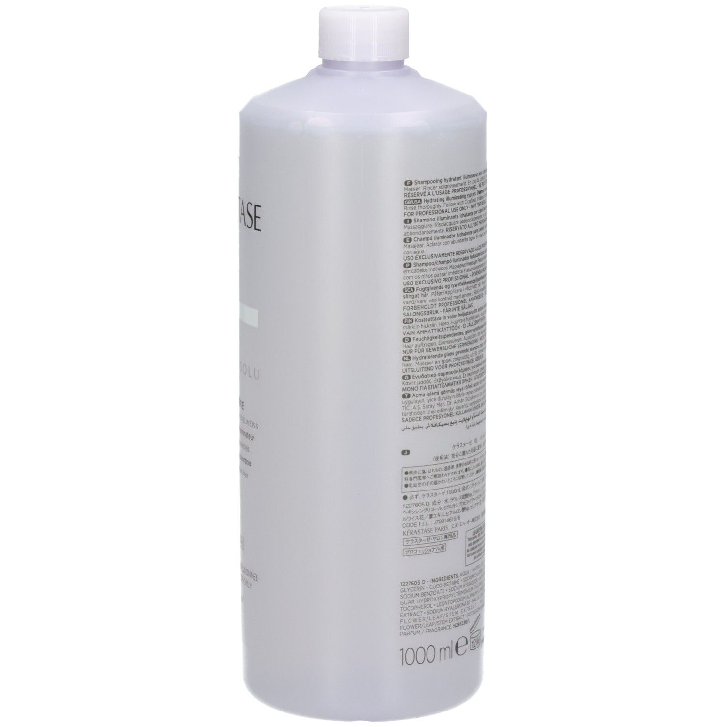 Bouteille grise avec bouchon blanc, 1000 ml. Étiquette sur le côté.