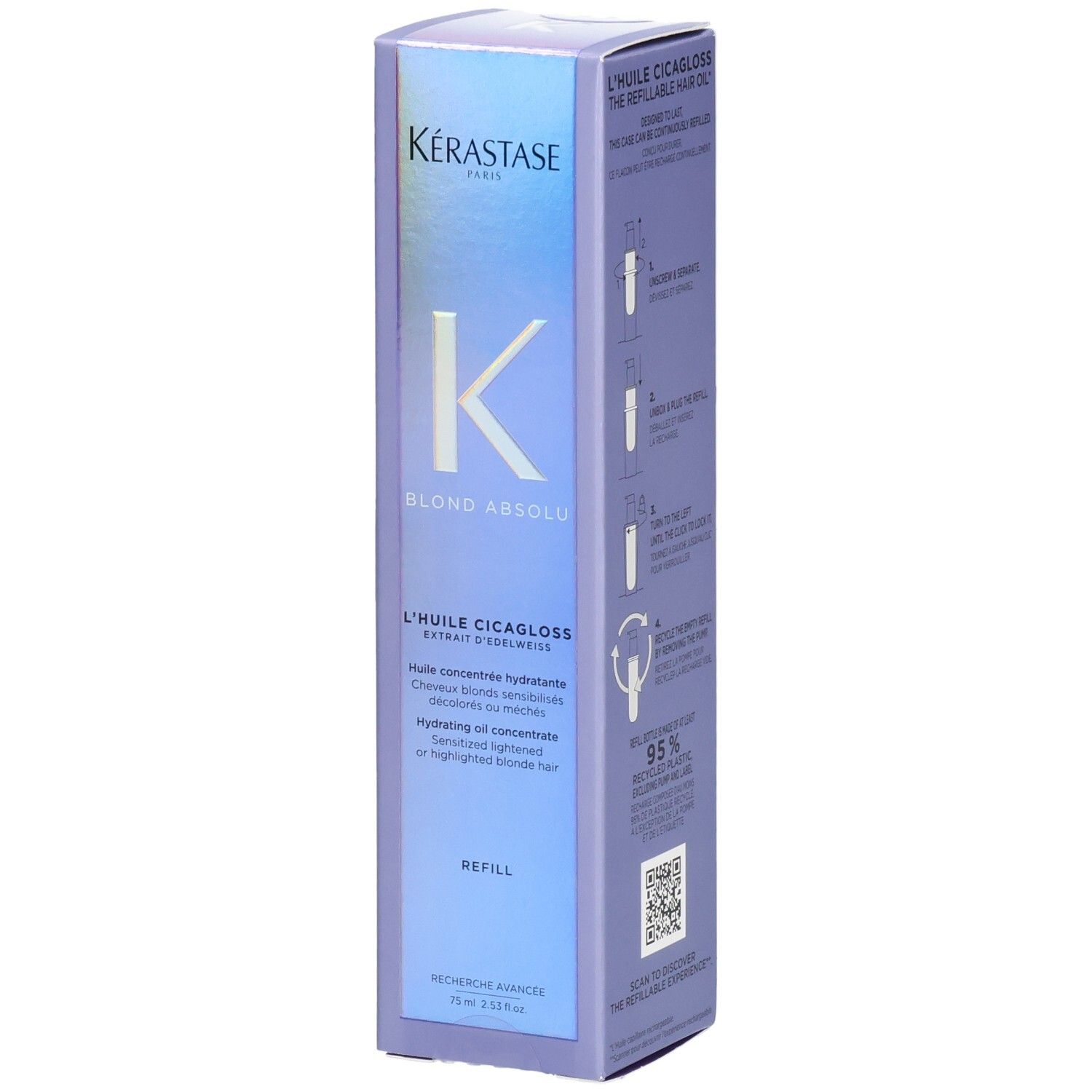 Kérastase Blond Absolu Huile Cicagloss Recharge. Emballage avec instructions de recharge.