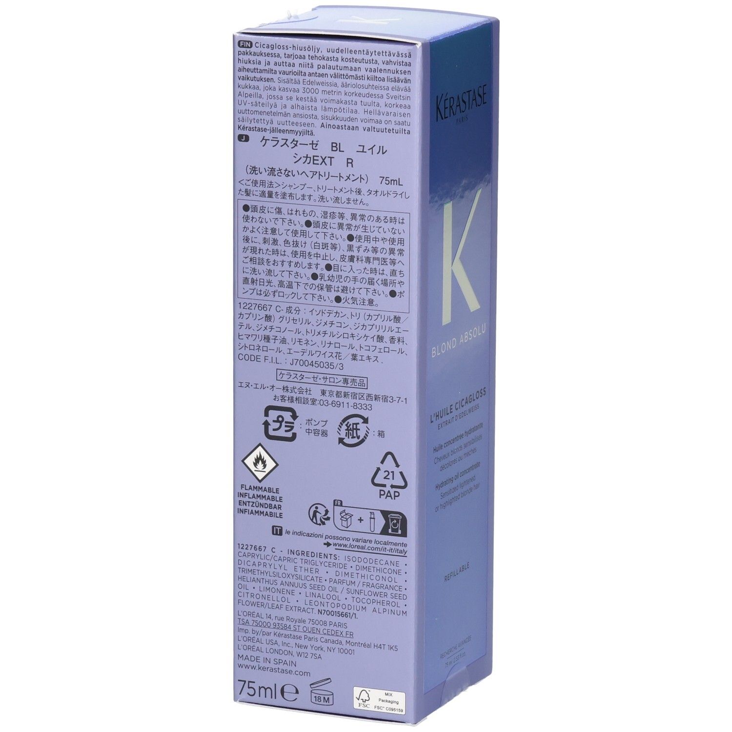 Emballage Kérastase Blond Absolu Huile Cicagloss rechargeable, dos avec texte.