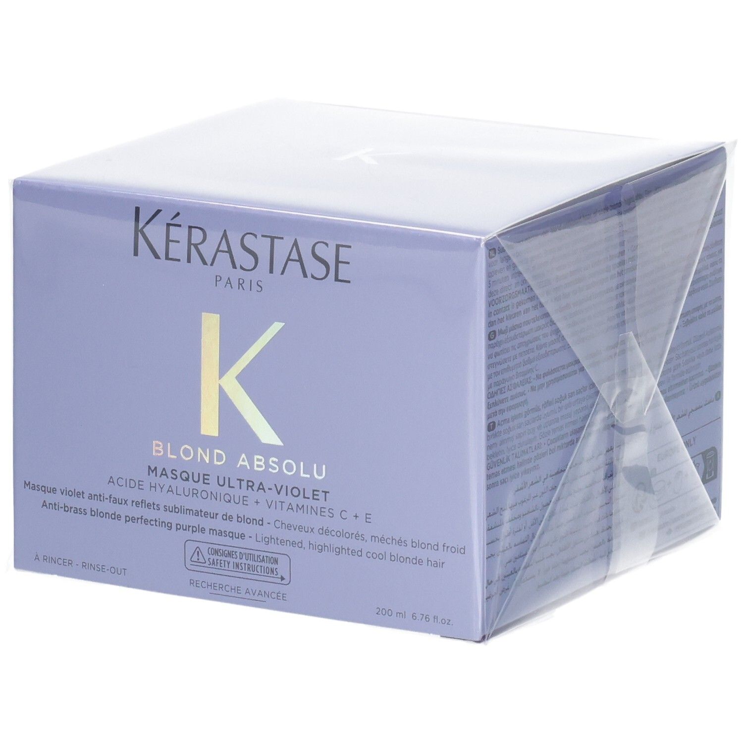 Emballage Kérastase Blond Absolu Masque Ultra-Violet, boîte violette avec informations produit.