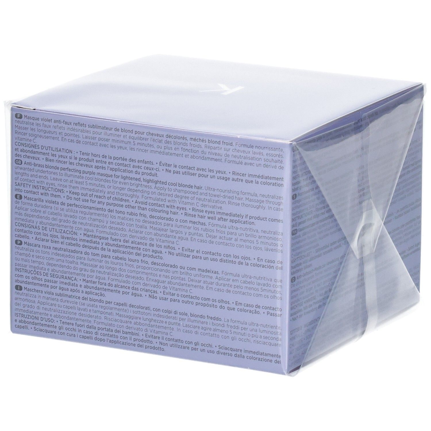 Emballage Kérastase Blond Absolu Masque Ultra-Violet, côté avec consignes de sécurité et ingrédients.