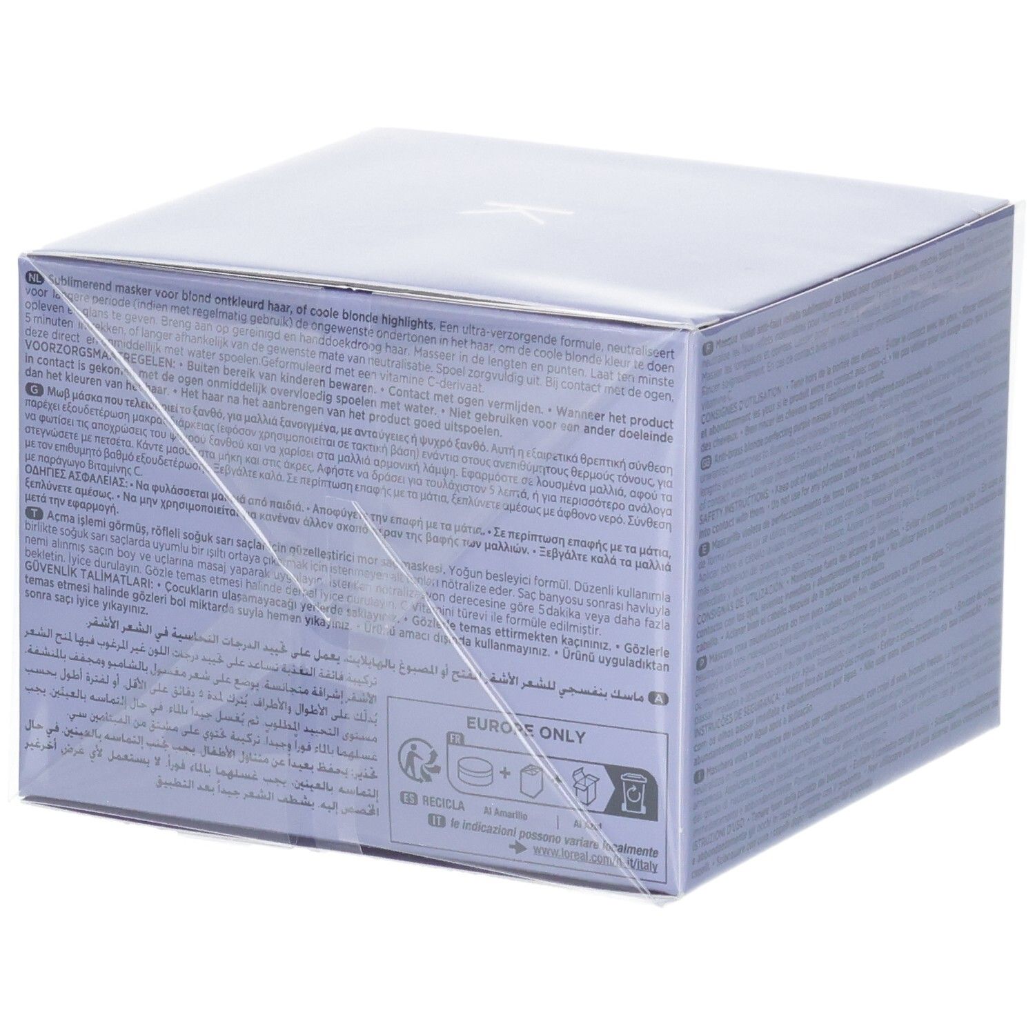 Emballage Kérastase Blond Absolu Masque Ultra-Violet, côté avec instructions d'utilisation internationales.