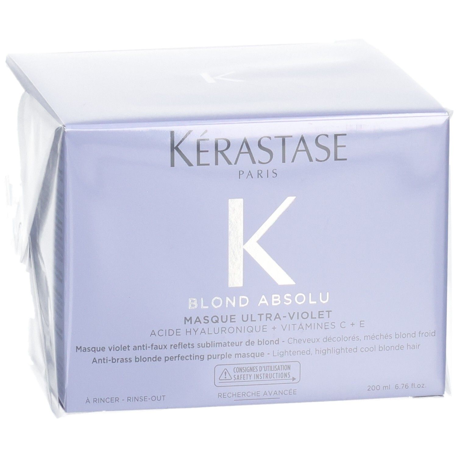 Emballage Kérastase Blond Absolu Masque Ultra-Violet, vue de trois quarts avant, accent sur le devant.