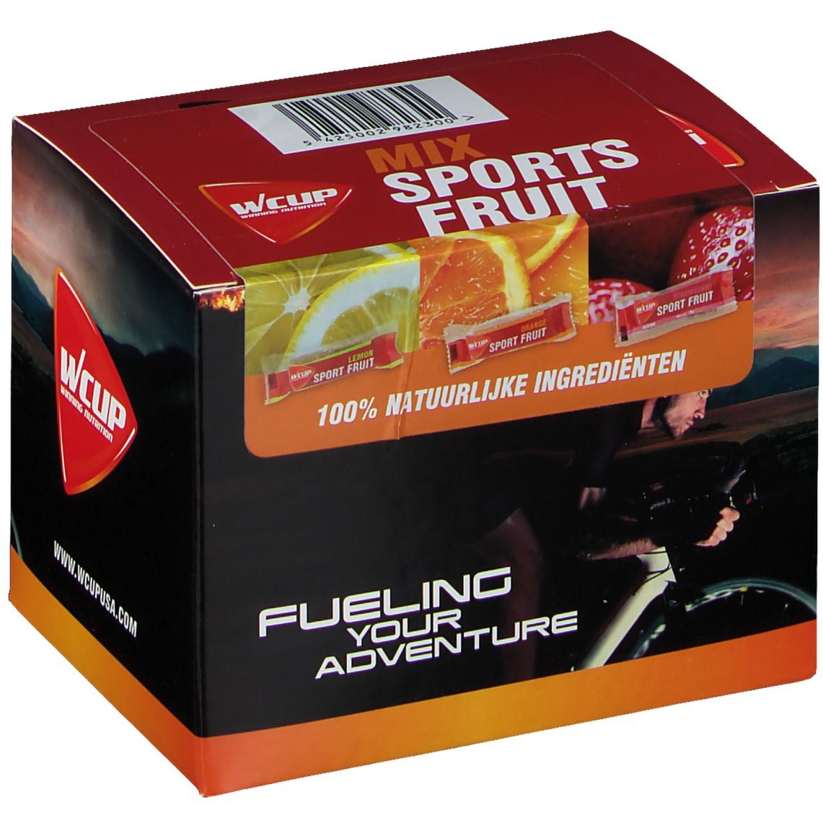 Sachet transparent de WCUP Sports Fruit Mix. Étiquette rouge avec informations et fruits. Contient de petits sachets.