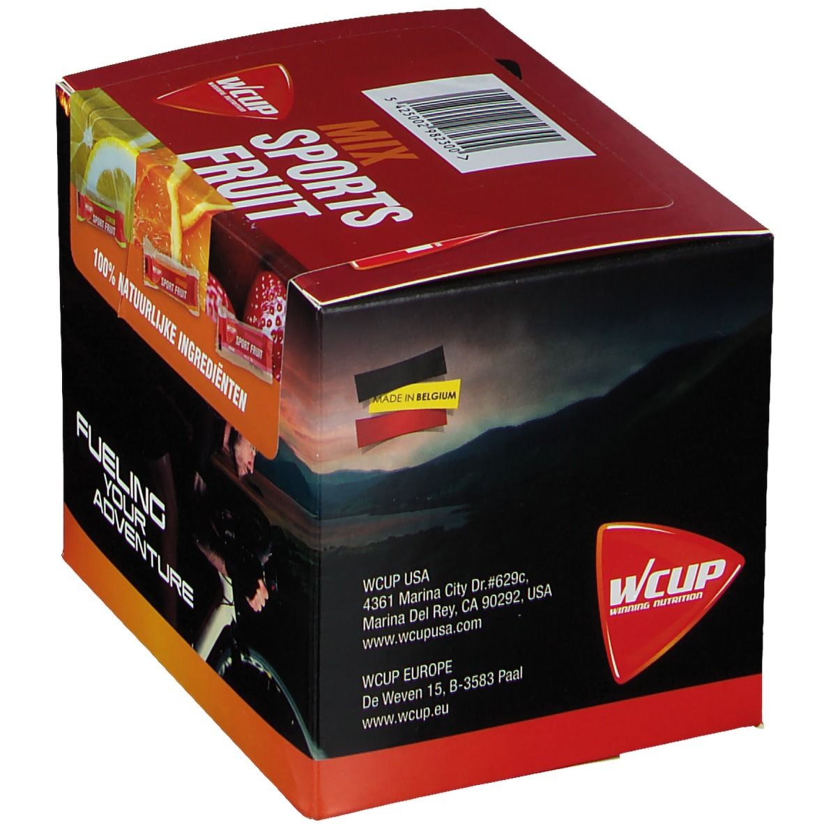 Sachet rouge avec WCUP Sports Fruit Mix. Étiquette blanche avec nom du produit et code-barres. Fermeture en haut.