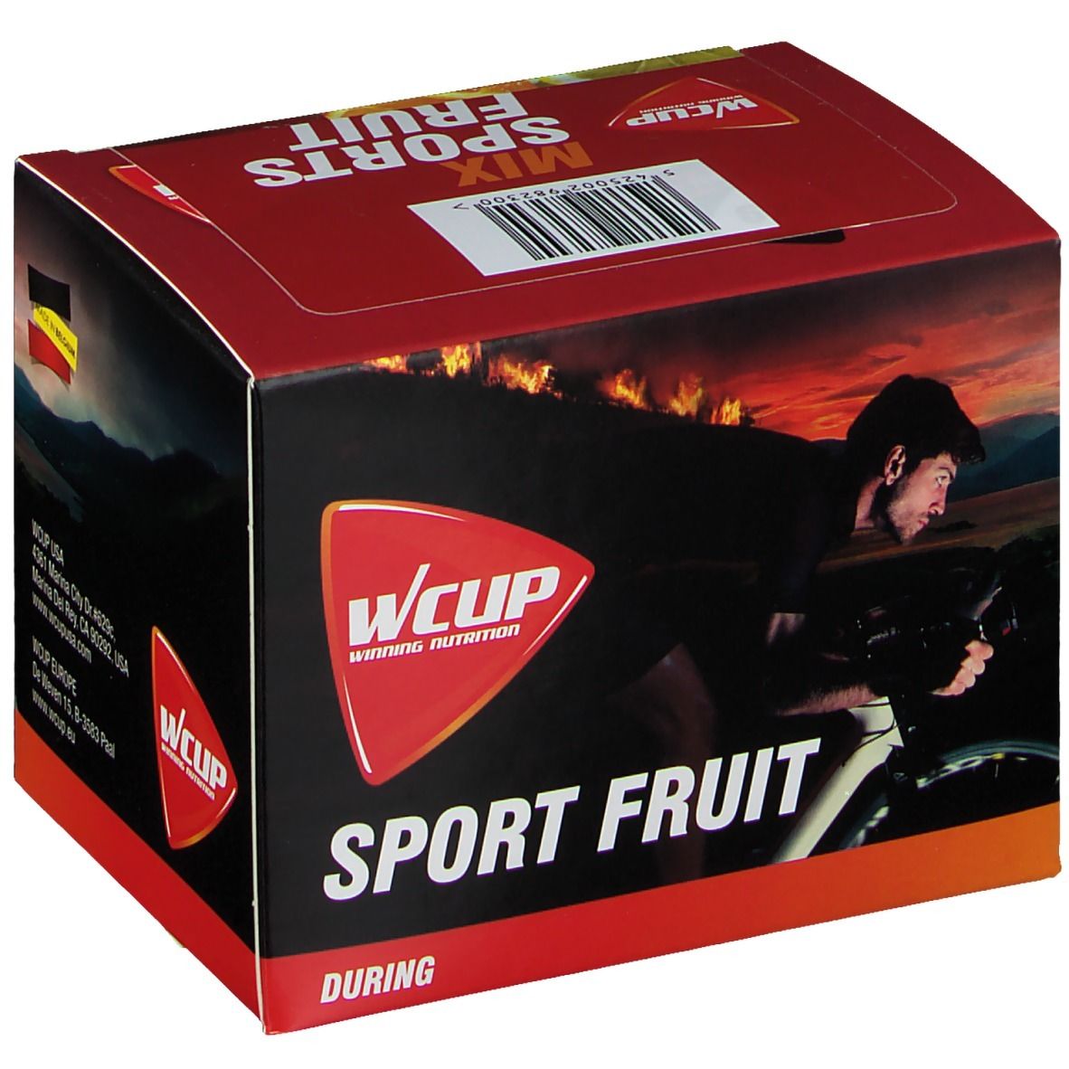 Boîte avec WCUP Sports Fruit Mix. Couleurs rouge et noir. Image d'un cycliste. Nom du produit et logo visibles.