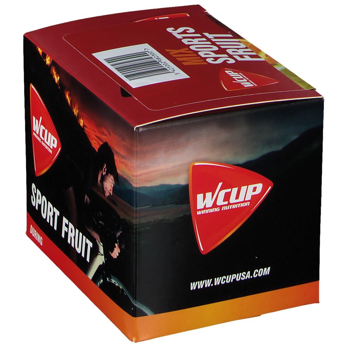 Boîte avec WCUP Sports Fruit Mix. Couleurs rouge et noir. Image d'un cycliste. Logo et nom du produit.