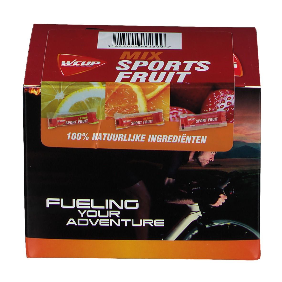 Boîte avec WCUP Sports Fruit Mix. Couleurs rouge et noir. Image d'un cycliste. Nom du produit et logo.