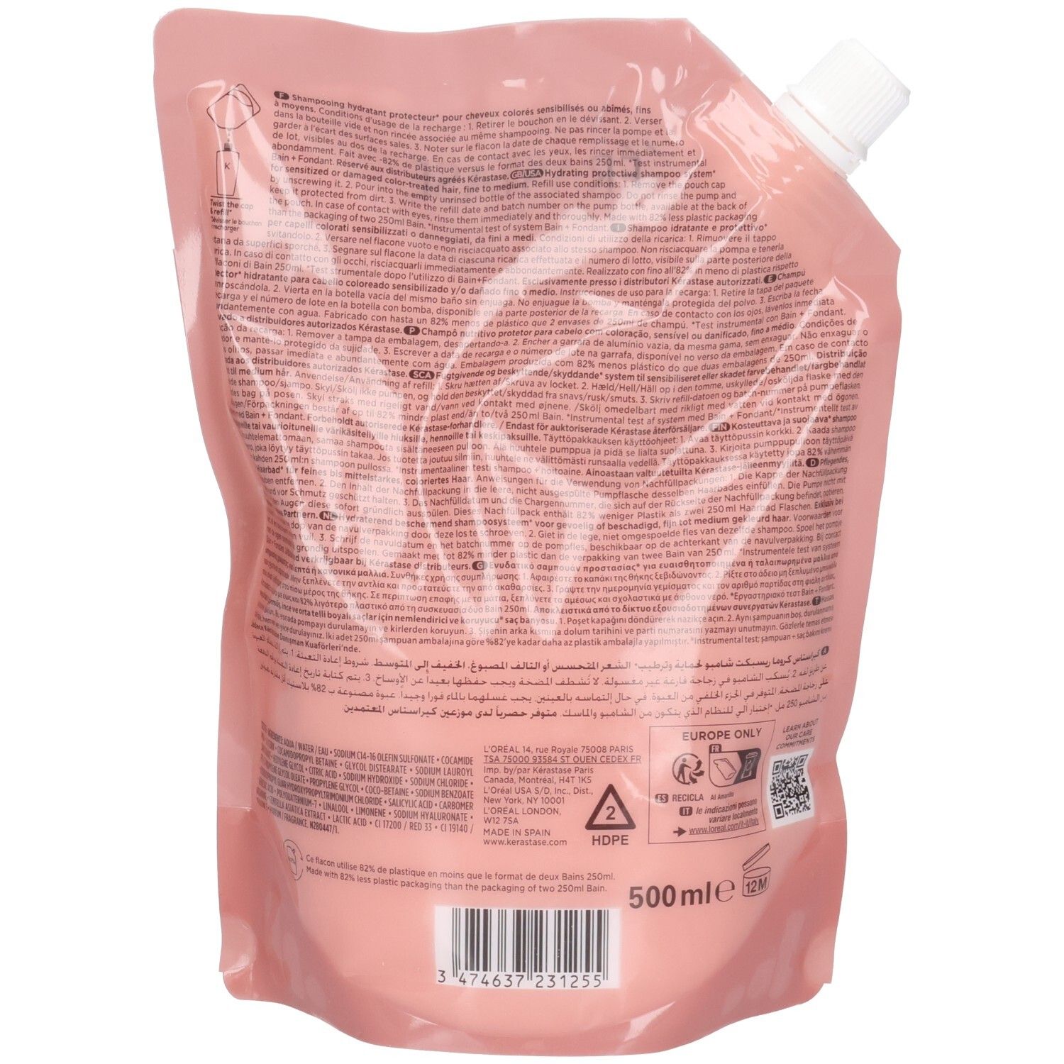 Pochette de recharge rose avec bouchon à vis blanc, 500 ml.