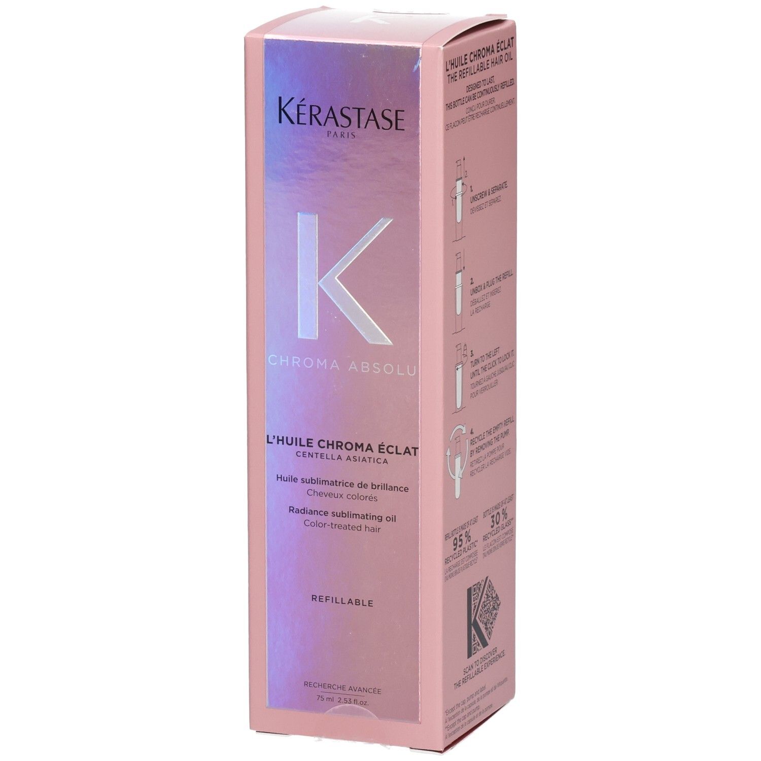 Emballage Kérastase Chroma Absolu Huile Éclat Rechargeable avec logo K et nom du produit.