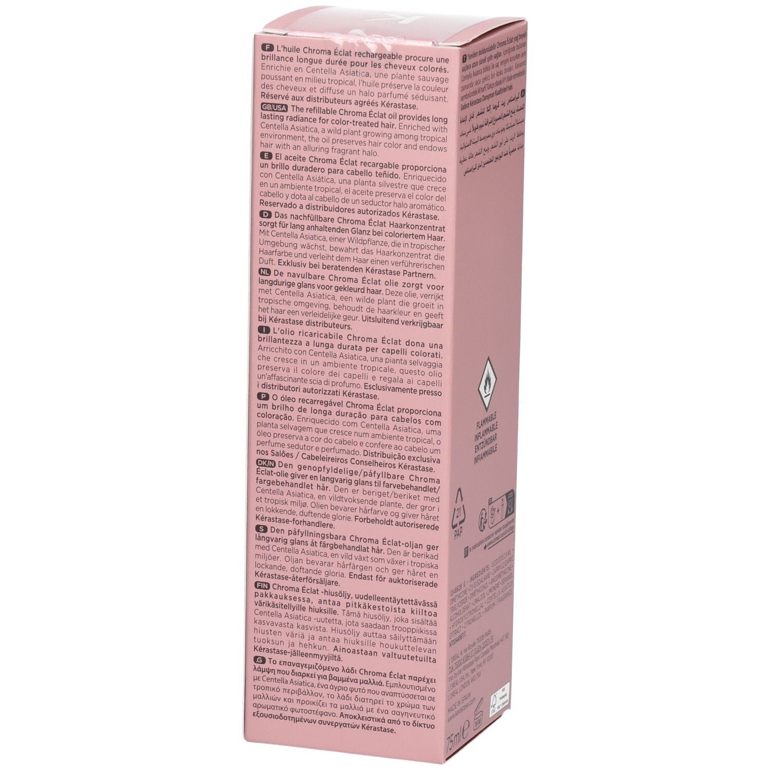 Vue latérale de l'emballage Kérastase Chroma Absolu avec descriptions multilingues du produit.