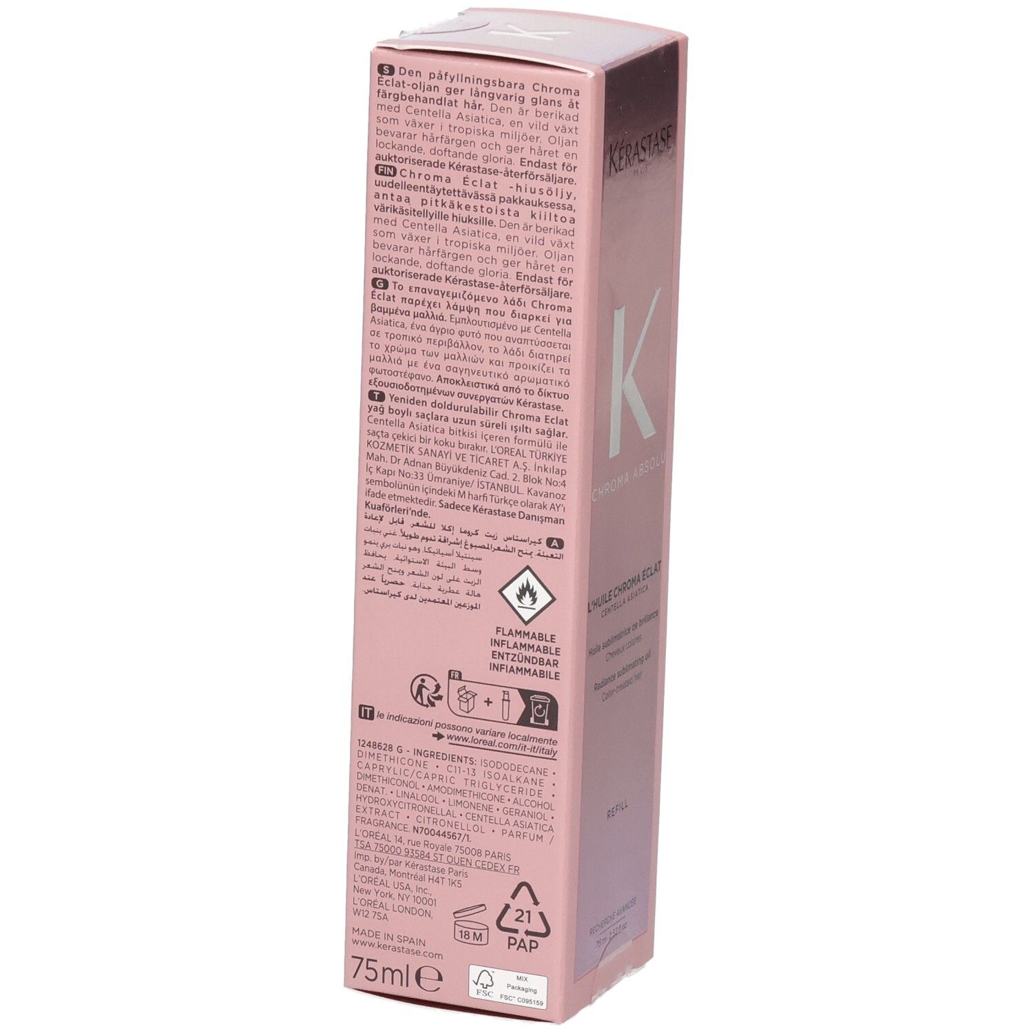 Kérastase Chroma Absolu Huile Chroma Éclat Recharge, dos avec ingrédients et avertissements.