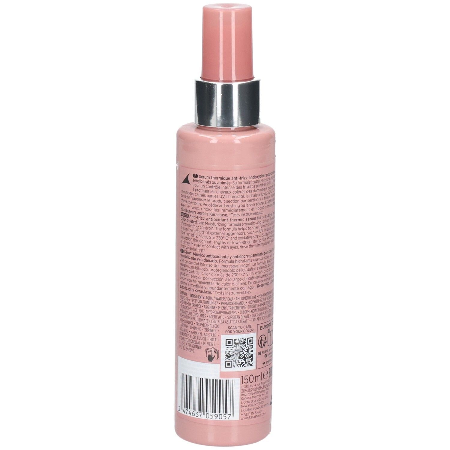 Flacon spray rose avec anneau argenté et bouchon rose. Contient 150ml.