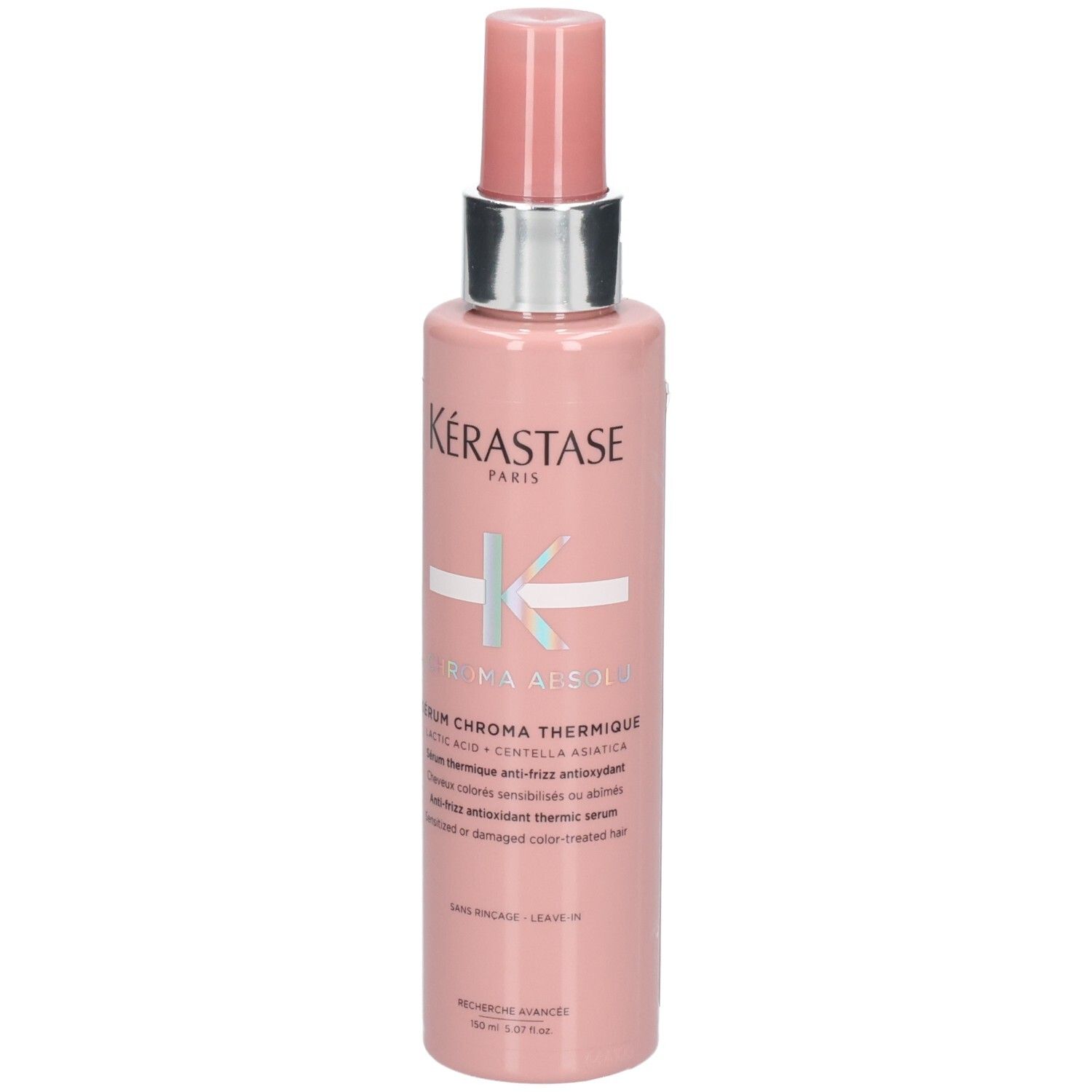 Kérastase Serum Chroma Thermique dans un flacon rose avec pompe. Contient de l'acide hyaluronique et de la Centella Asiatica.