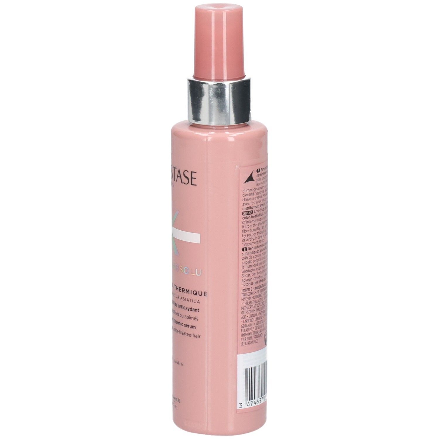 Une bouteille rose avec un distributeur à pompe contenant un sérum capillaire. Étiquetage visible sur la bouteille.