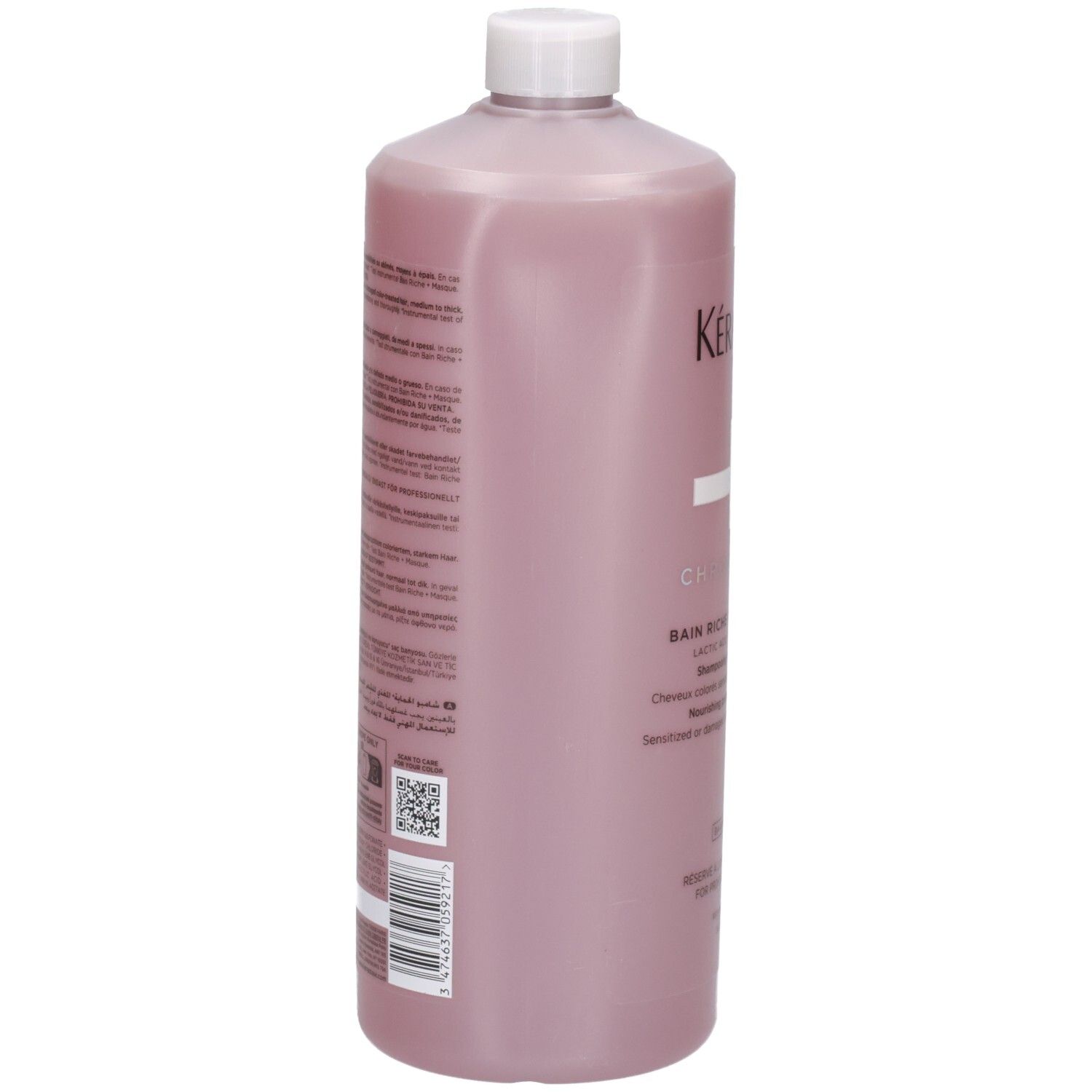 Arrière du flacon de shampoing Kérastase Chroma Absolu Bain Riche 1000ml avec texte.