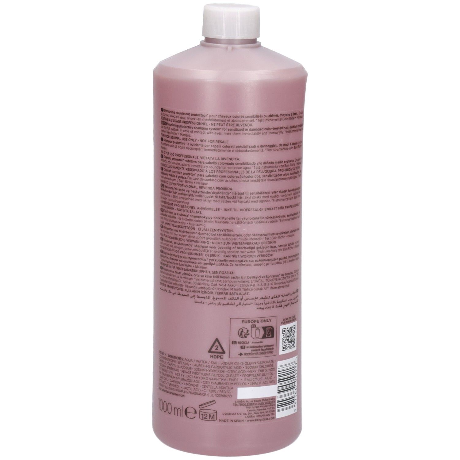 Arrière du flacon de shampoing Kérastase Chroma Absolu Bain Riche 1000ml avec texte et code-barres.