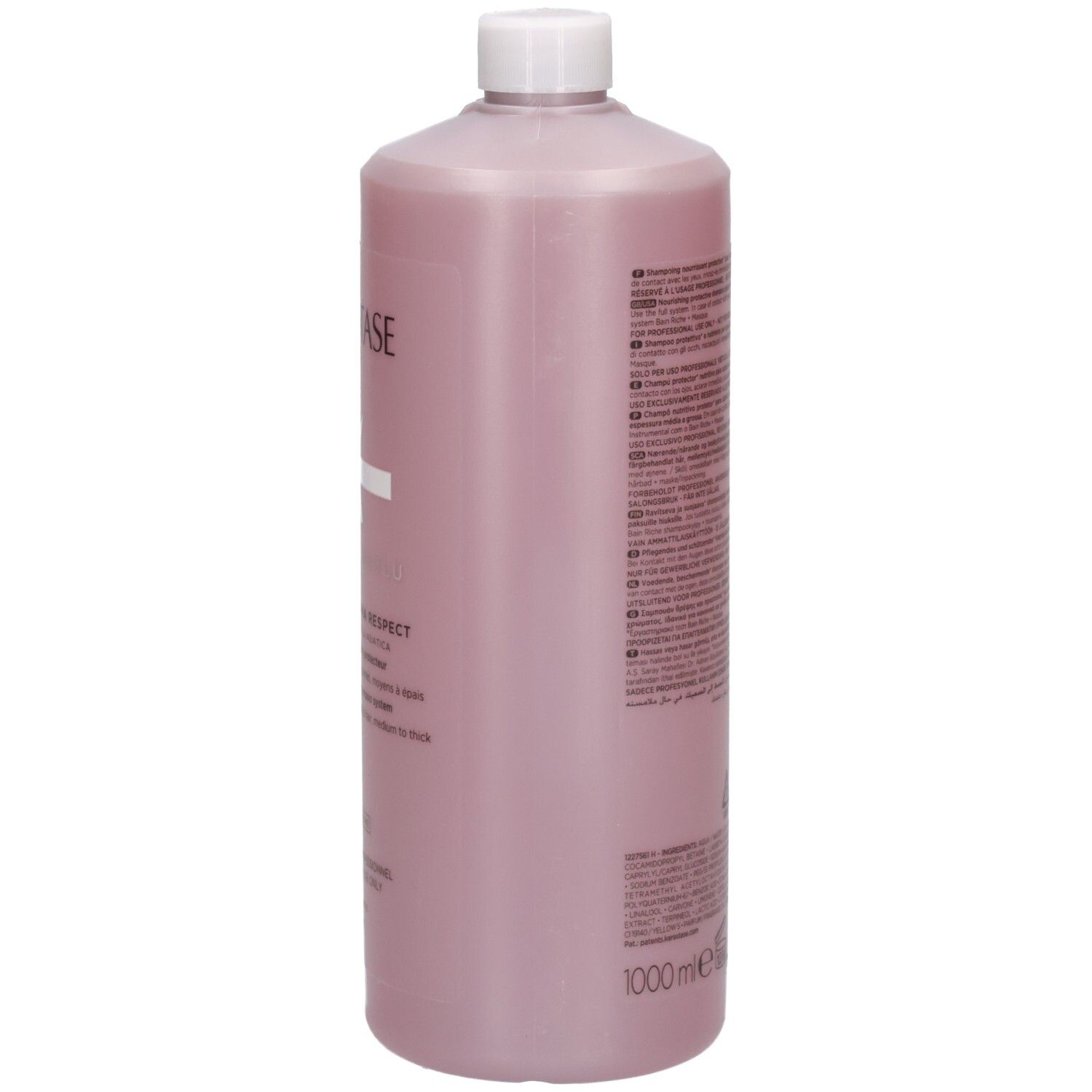 Vue de côté du flacon de shampoing Kérastase Chroma Absolu Bain Riche 1000ml avec texte.