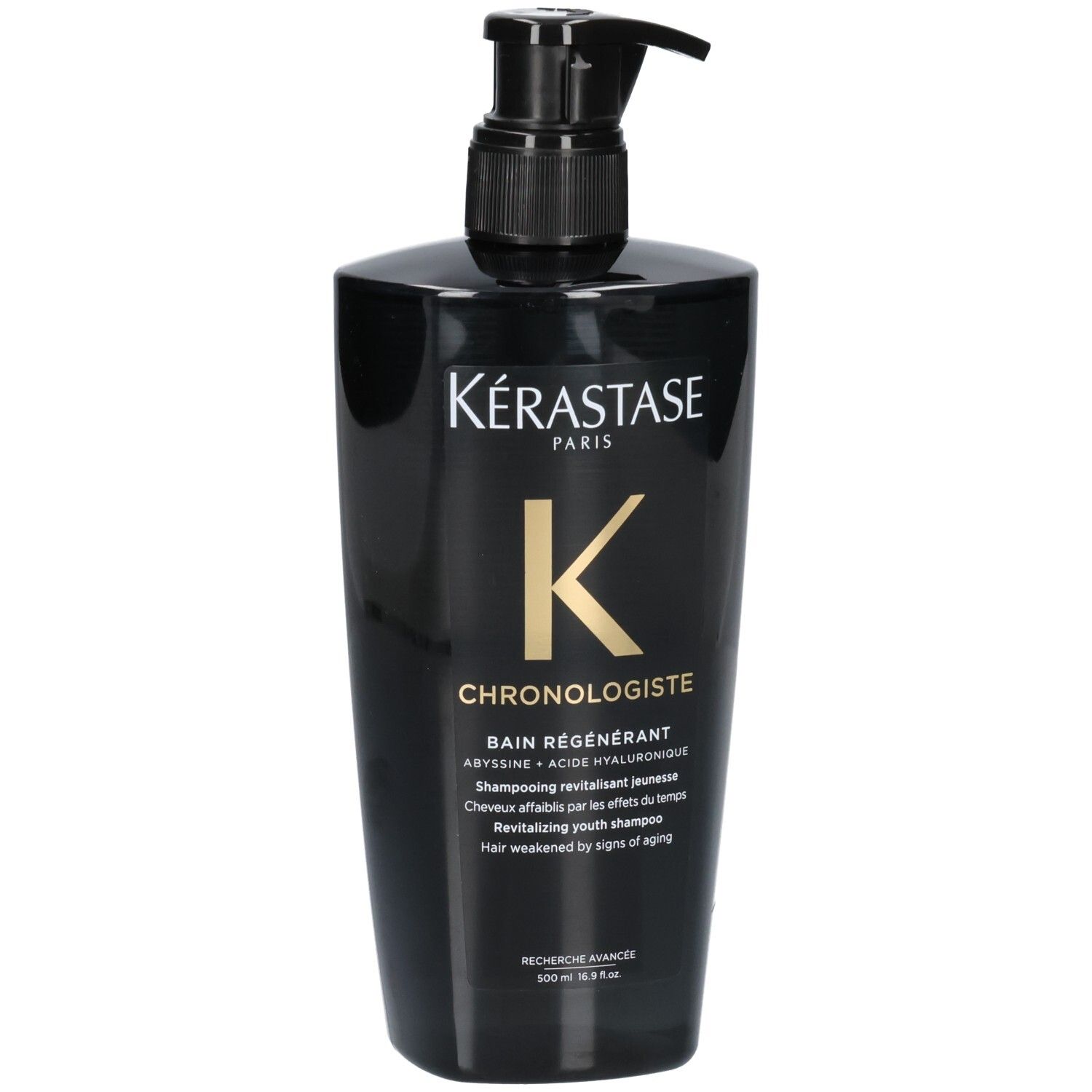 Flacon noir Kérastase avec pompe, shampooing Chronologiste Bain Régénérant.