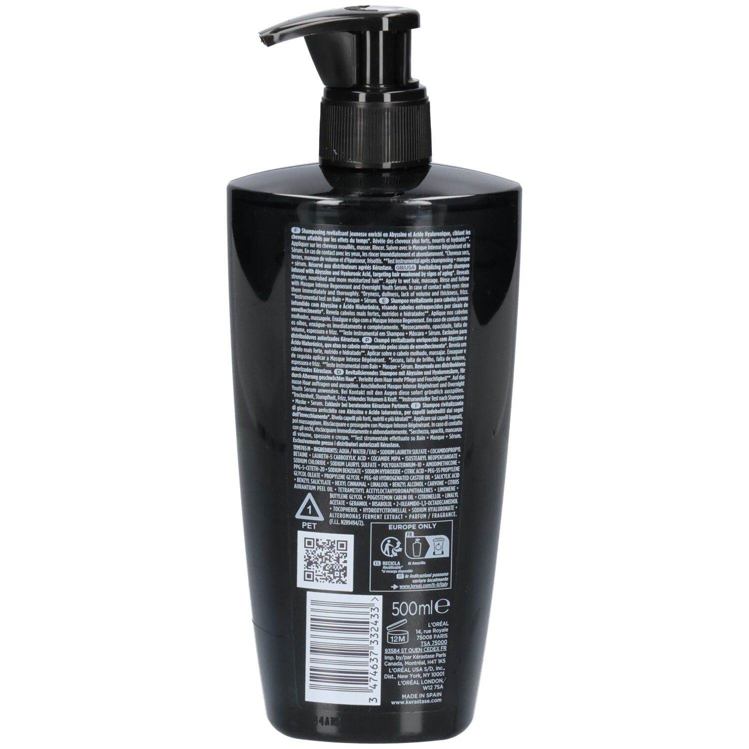 Arrière d'un flacon noir Kérastase avec pompe, shampooing Chronologiste Bain Régénérant, 500ml.