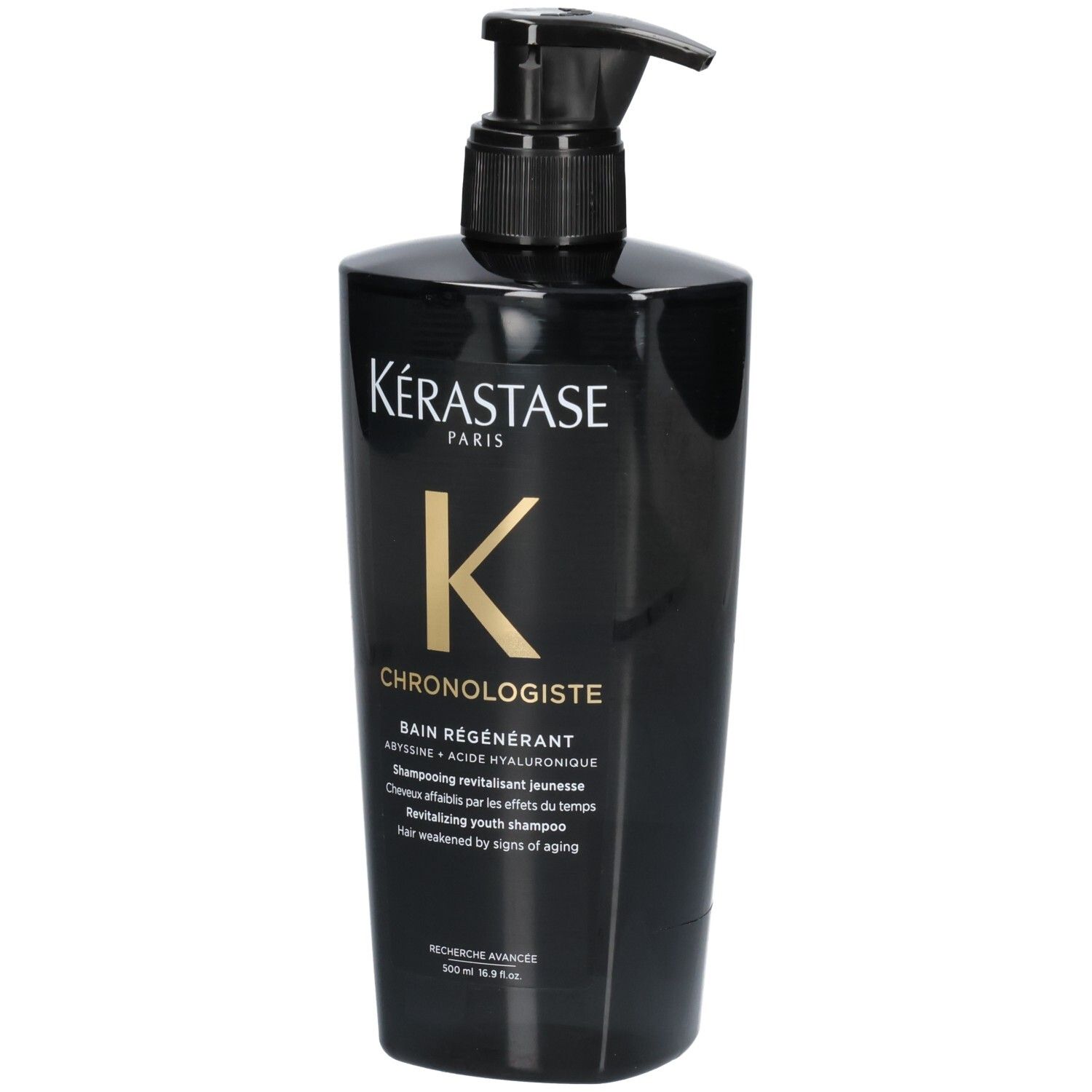Flacon noir Kérastase avec pompe, shampooing Chronologiste Bain Régénérant.