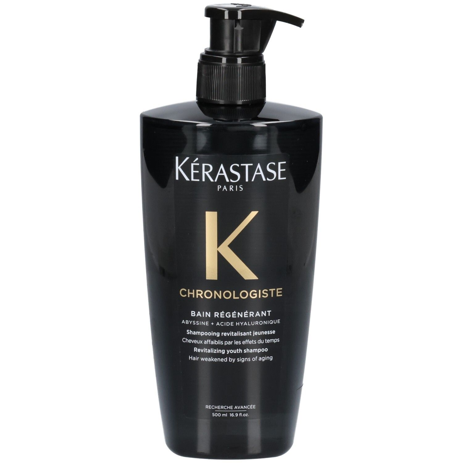 Flacon noir Kérastase avec pompe, shampooing Chronologiste Bain Régénérant.