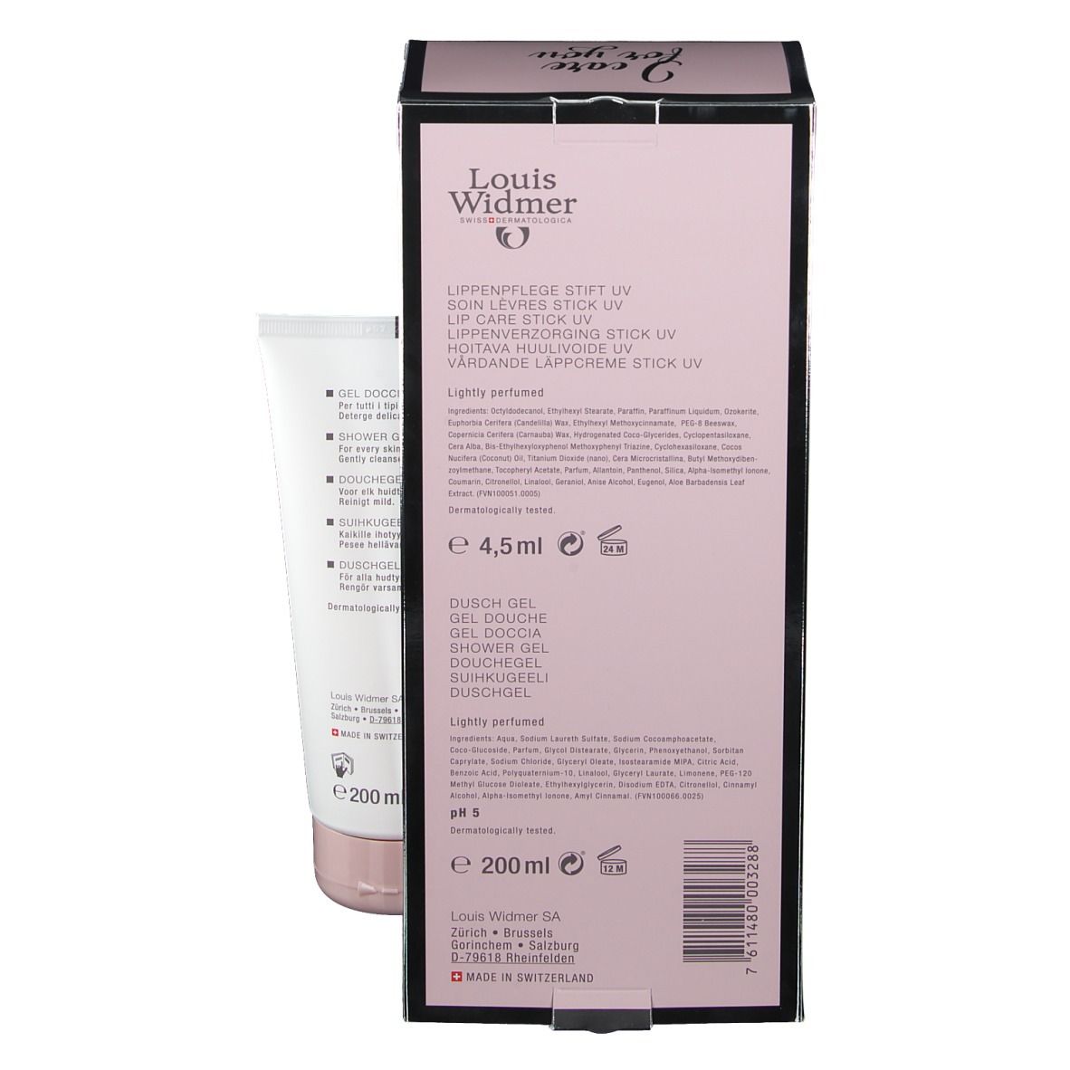 Dos du coffret cadeau. Emballage rose avec informations produit et logo. Détails du gel douche et du stick à lèvres.