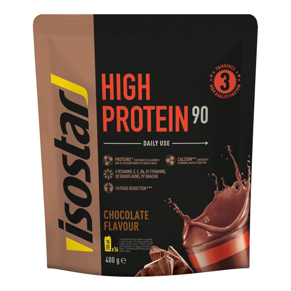 Sachet de poudre de protéine. Inscription: HIGH PROTEIN 90, CHOCOLATE FLAVOUR. Marque: isostar. 400g. Avec certification.