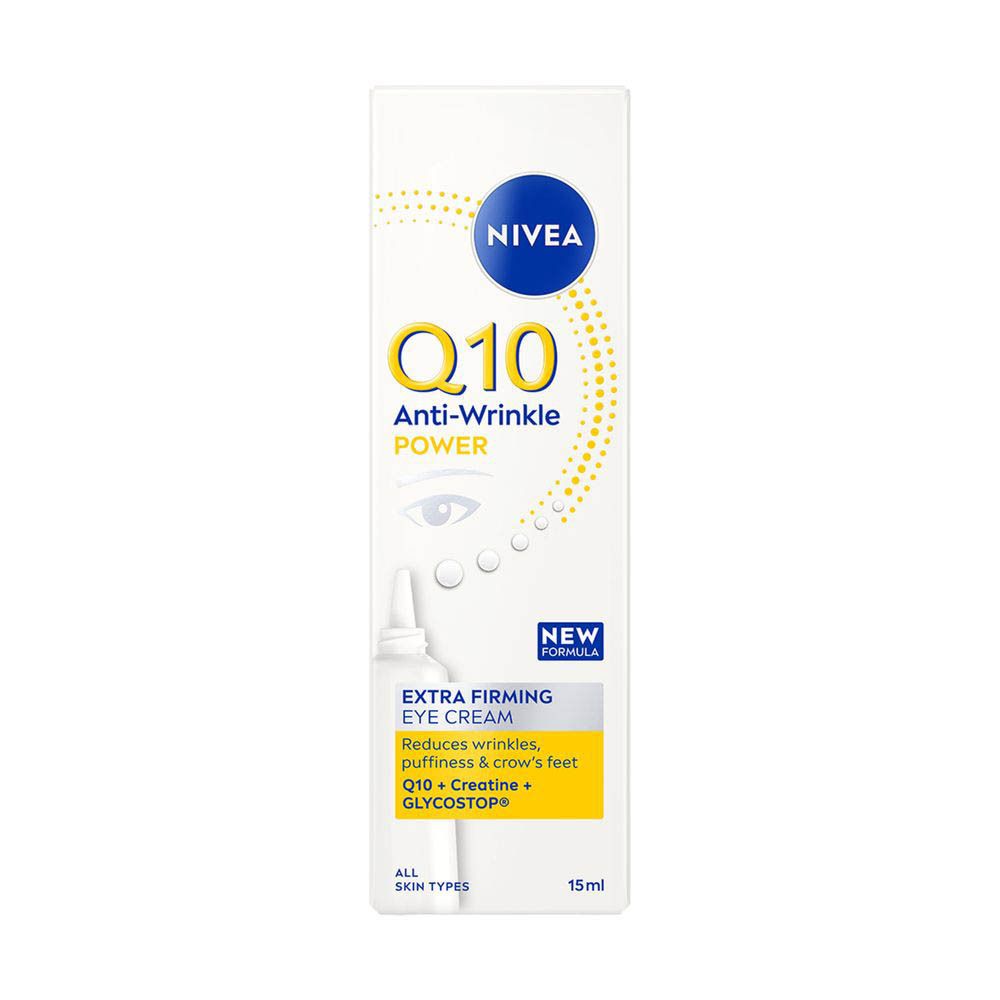 Arrière du tube de crème contour des yeux NIVEA Q10 Power avec informations produit.
