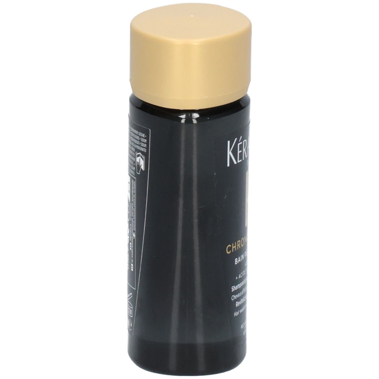 Flacon noir avec bouchon doré. Contient le Bain Shampooing Chroma Absolu de Kérastase.