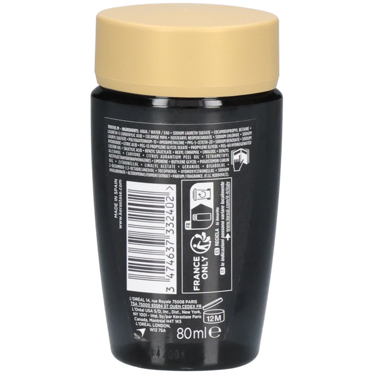 Flacon noir avec bouchon doré, 80ml. Contient liste d'ingrédients et code-barres.