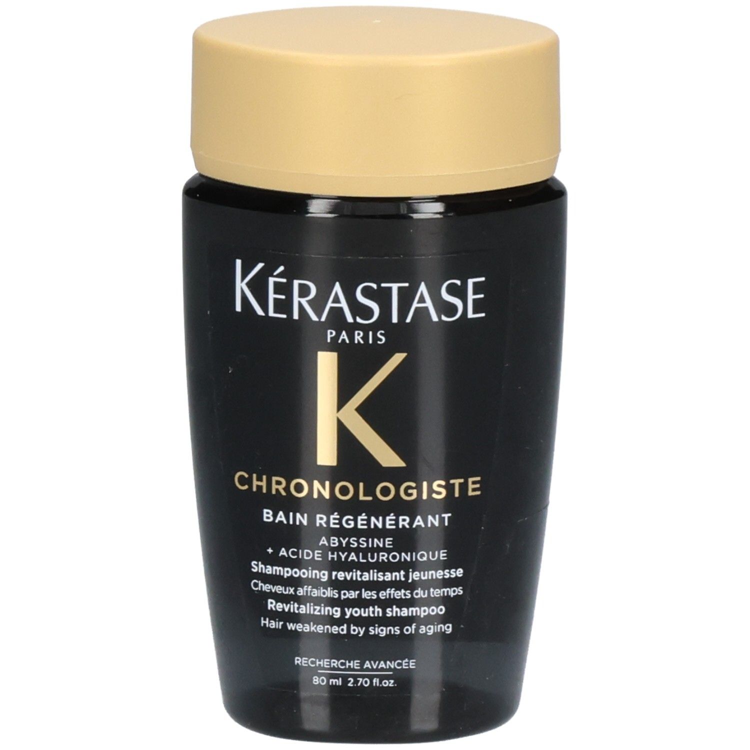 Kérastase Chronologiste Bain Régénérant Shampoo, 80 ml. Flacon noir avec bouchon doré.