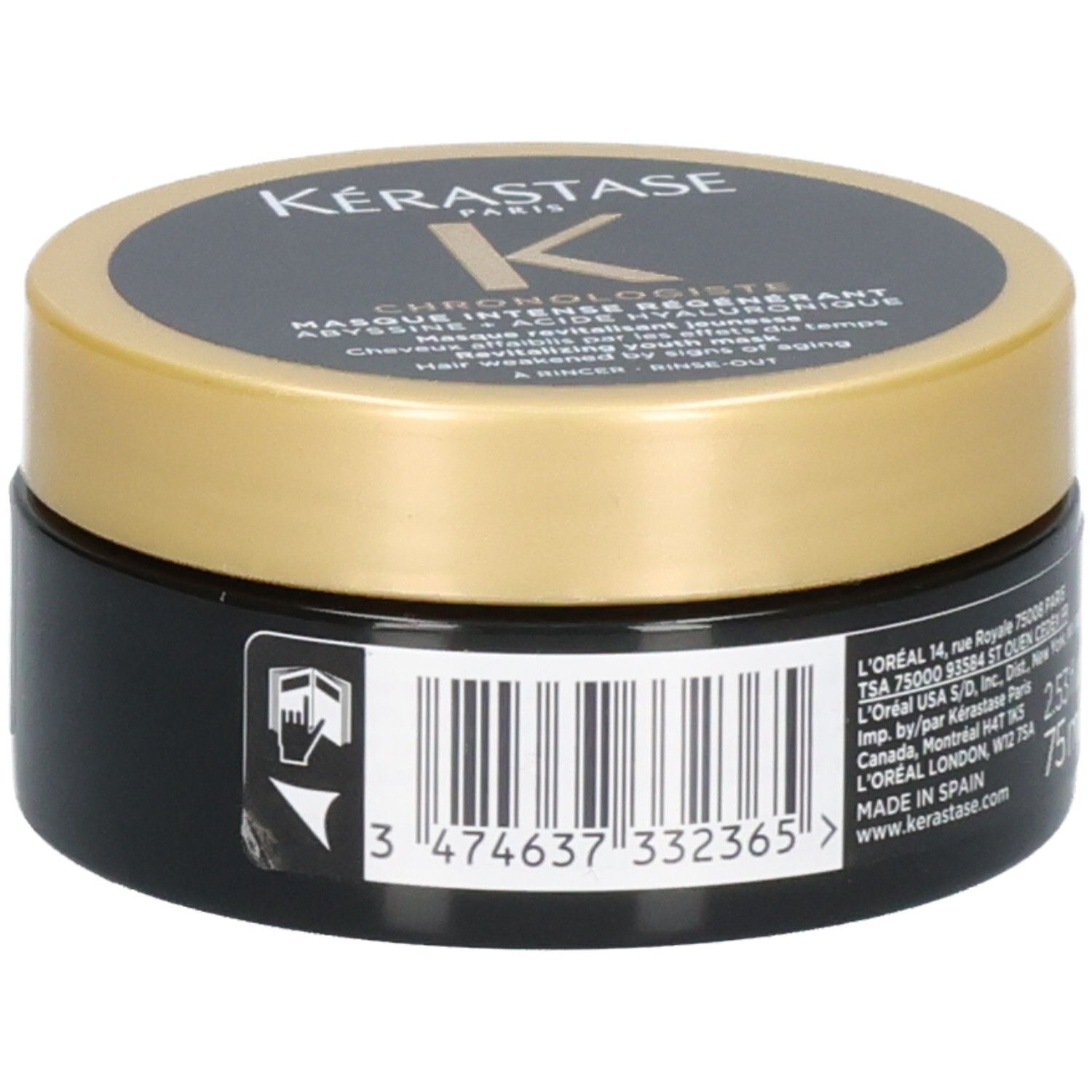 Masque Kérastase Chronologiste, pot noir avec couvercle doré, étiquette avec informations produit et code-barres.