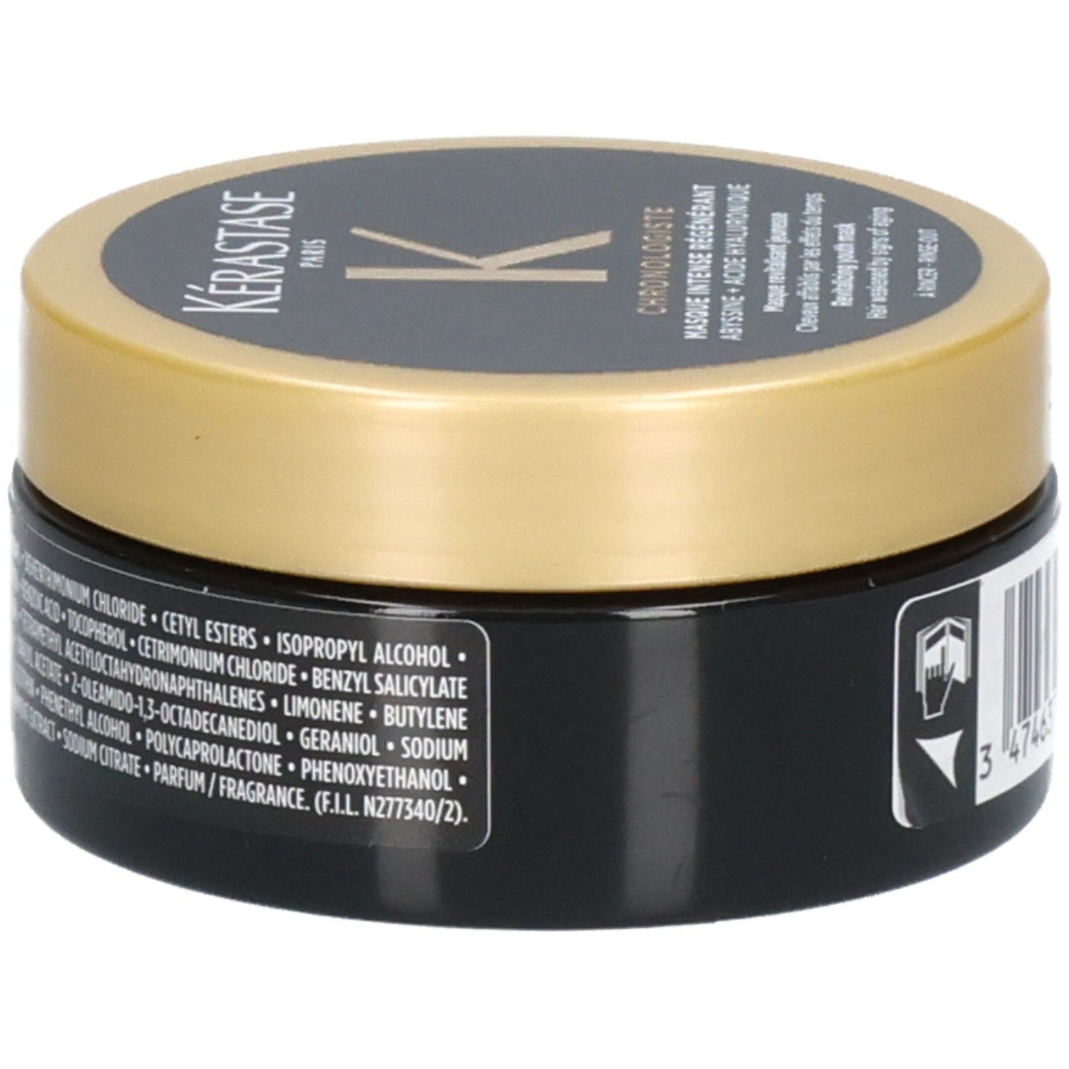 Masque Kérastase Chronologiste, pot noir avec couvercle doré, étiquette avec liste des ingrédients.