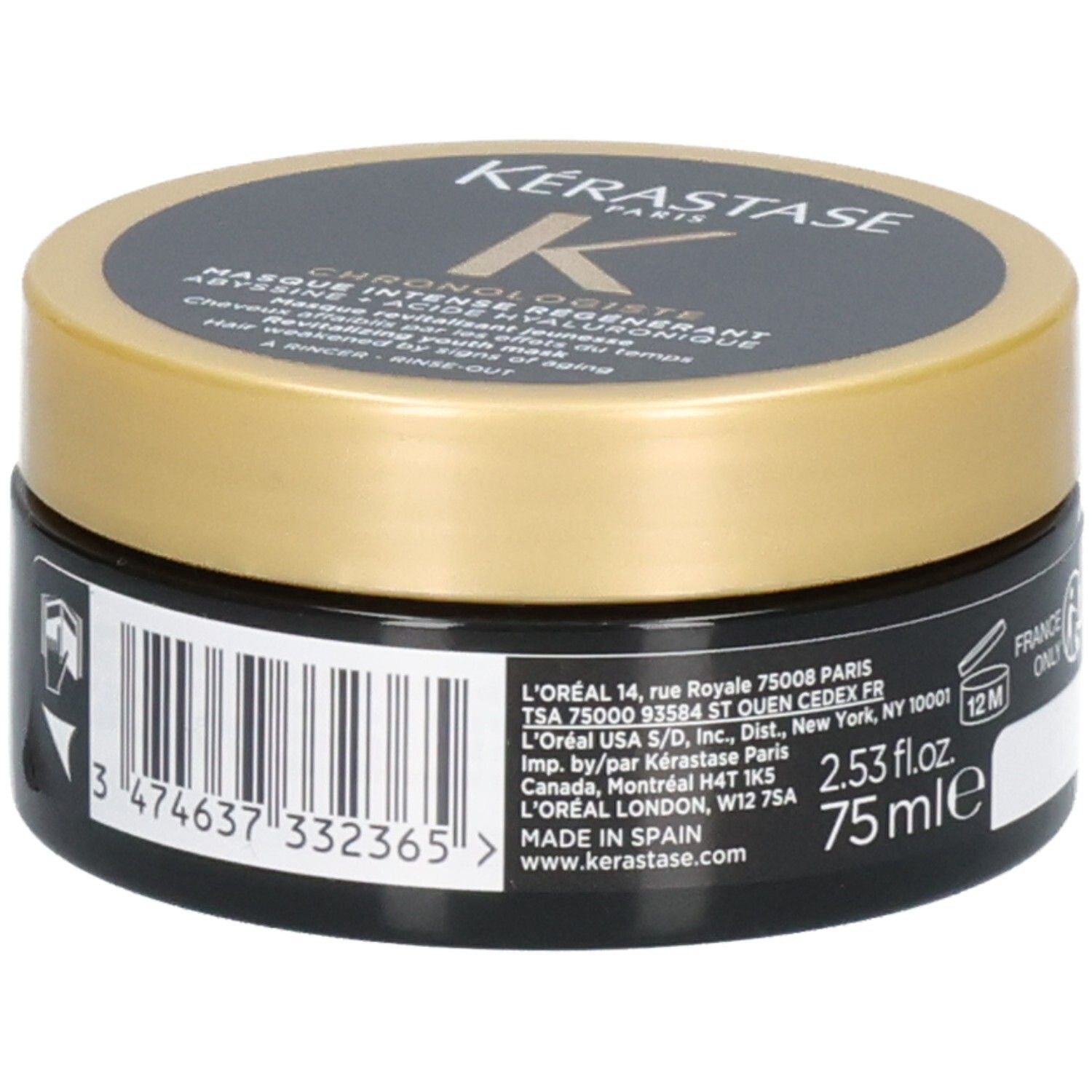 Masque Kérastase Chronologiste, pot noir avec couvercle doré, étiquette avec informations fabricant, code-barres et 75ml.