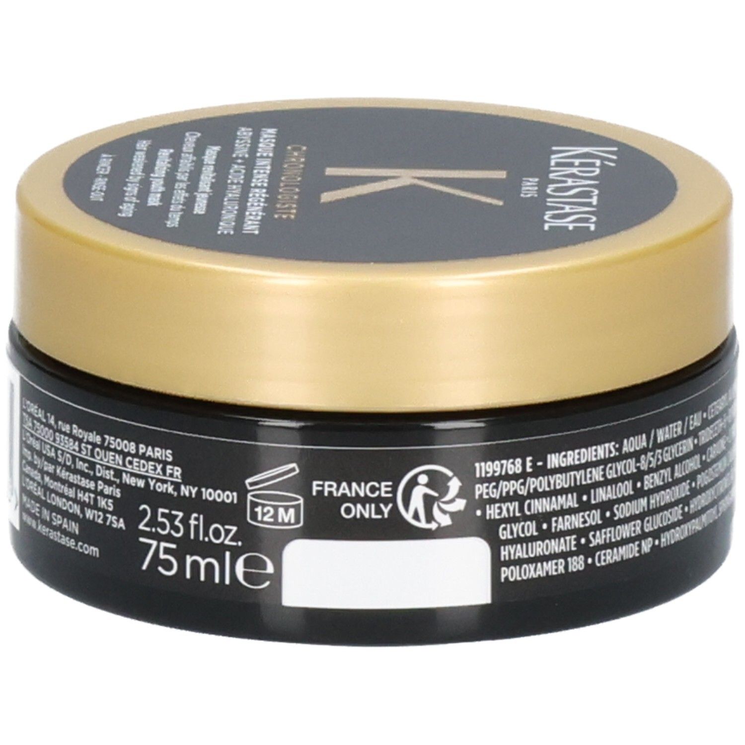 Masque Kérastase Chronologiste, pot noir avec couvercle doré, étiquette avec informations fabricant, symbole 12M et ingrédients.