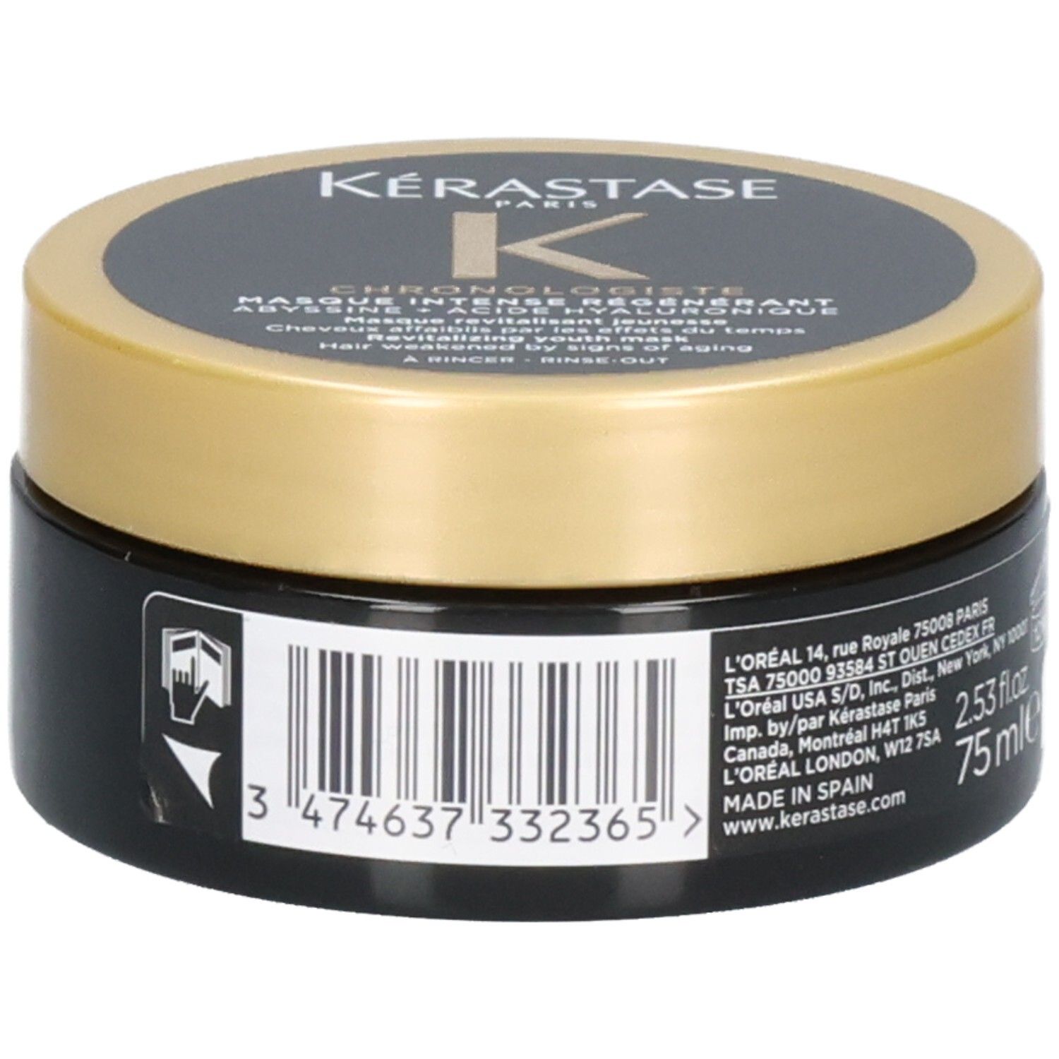 Masque Kérastase Chronologiste, pot noir avec couvercle doré, étiquette avec informations fabricant, code-barres et 75ml.