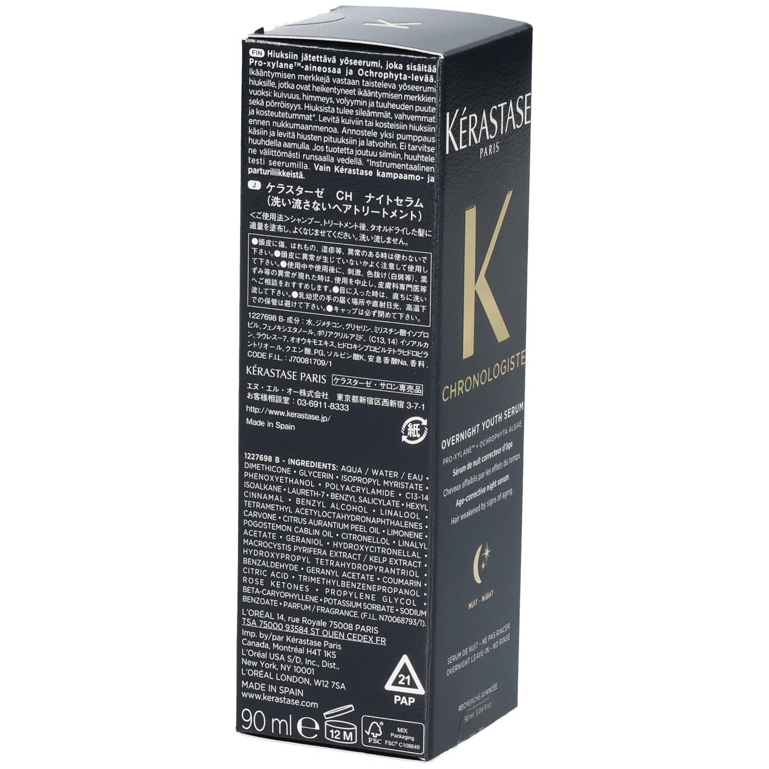 Kérastase Chronologiste Sérum de Nuit Youth : Arrière de la boîte avec liste des ingrédients et détails de fabrication.