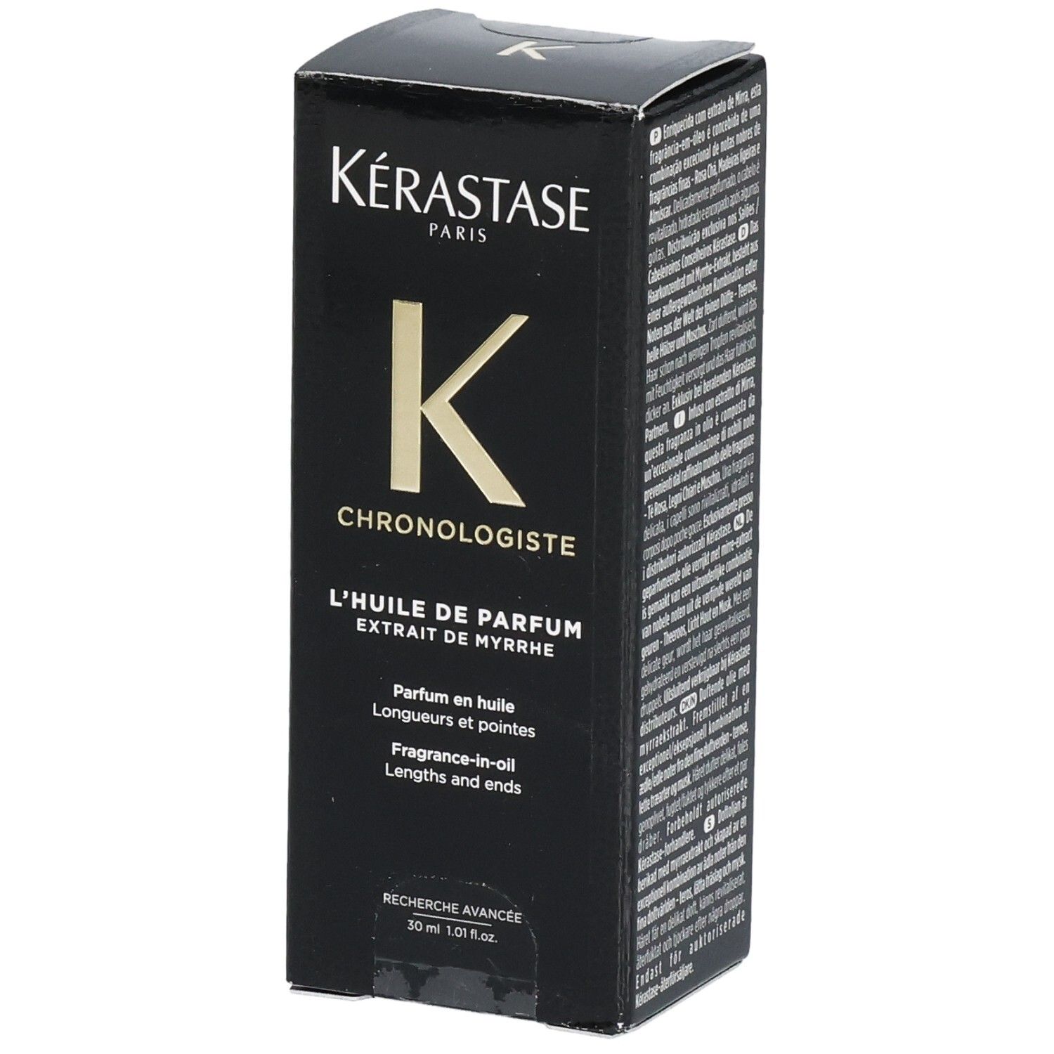 Boîte Kérastase Chronologiste L'Huile de Parfum. Logo K doré, emballage noir.