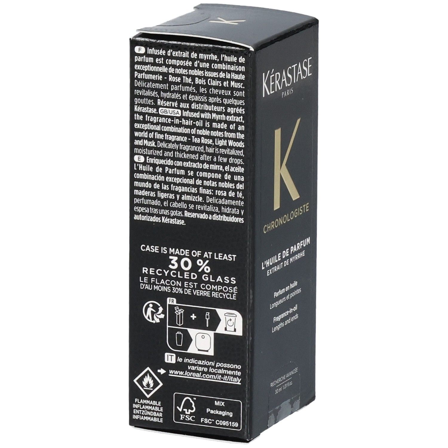 Boîte Kérastase Chronologiste L'Huile de Parfum. Panneau latéral avec texte et symboles de recyclage.